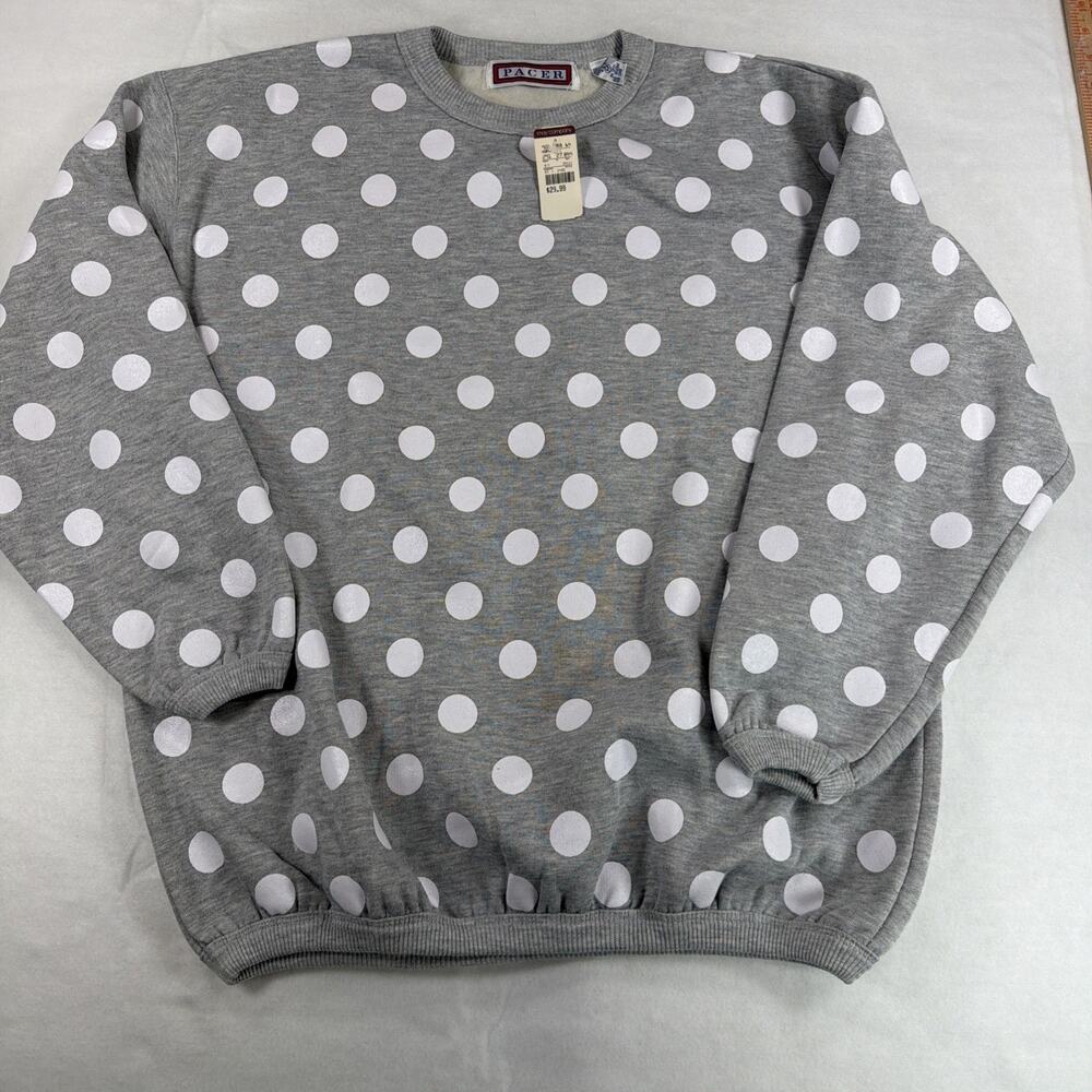 VTG 80s Pacer Polka Dot Crewneck Sweatshirt NWT Medium Gray Fleece May Company